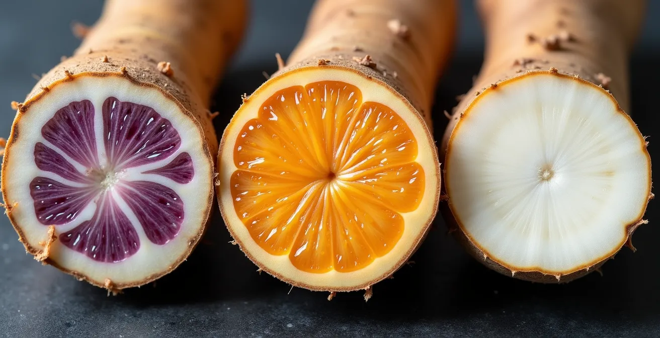 Gros plan macro sur les textures des racines tropicales coupées : songe, cambar et manioc