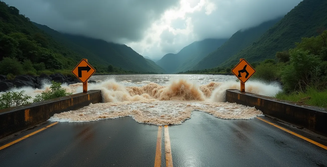 Radier submergé par une crue éclair avec panneaux de signalisation d'interdiction