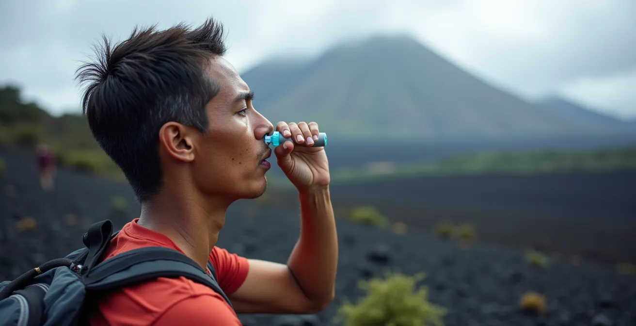 Randonneur se réhydratant face au panorama du Grand Bénare avec système d'hydratation adapté au climat tropical