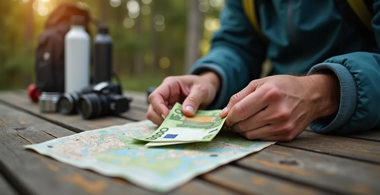 Randonneur préparant son budget en espèces avant l'entrée dans Mafate