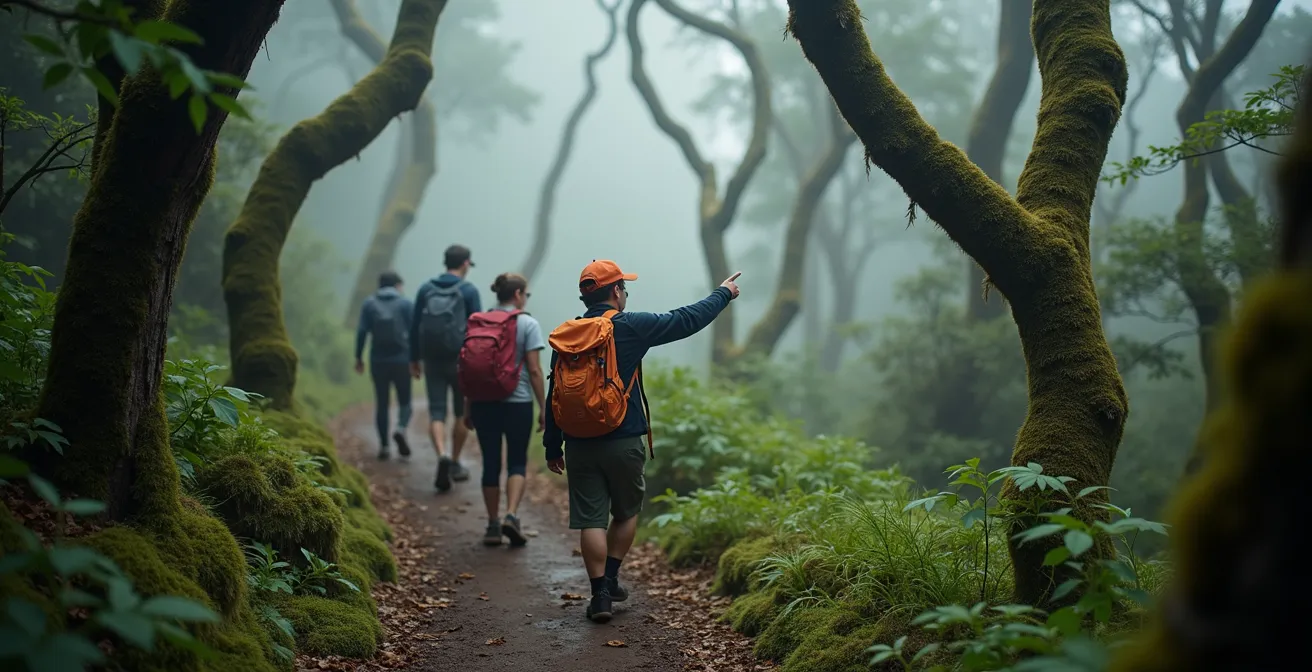 Randonneurs traversant la forêt de tamarins des Hauts près de Bélouve avec brume matinale