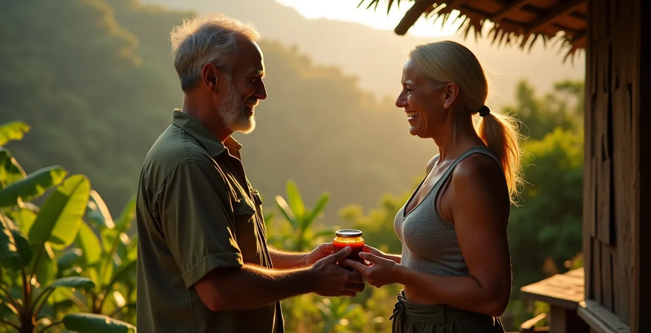 Échange respectueux entre un randonneur et un habitant de Mafate devant une case créole entourée de son jardin