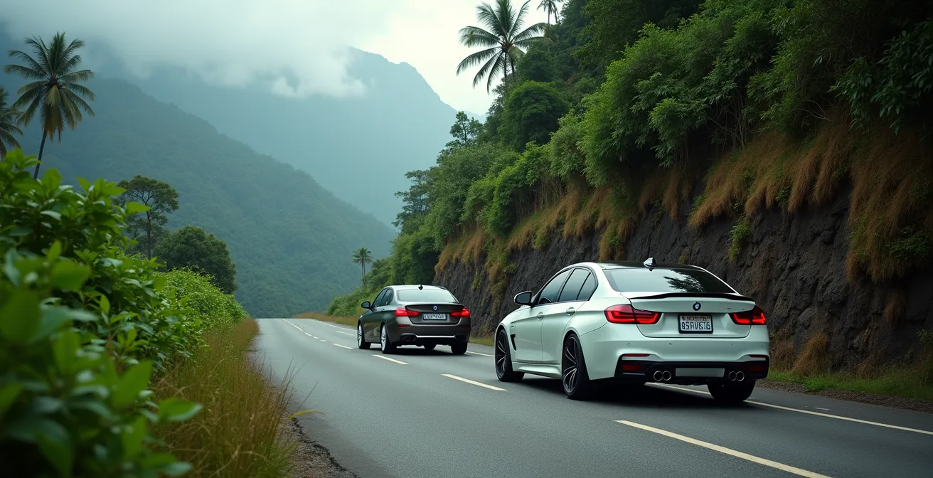 Deux véhicules se croisant difficilement sur une route étroite de montagne à La Réunion