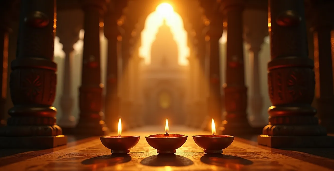 Ambiance sacrée à l'intérieur d'un temple avec lampes à huile et offrandes