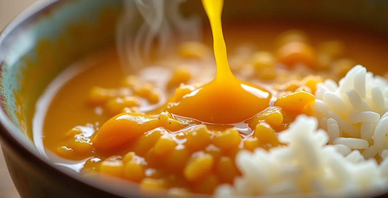 Vue macro d'une assiette créole montrant le riz formant la base avec les sauces s'infiltrant naturellement