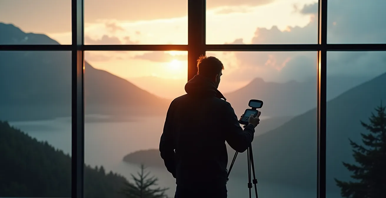 Poste d'observation météorologique avec vue sur les montagnes de La Réunion à travers une baie vitrée