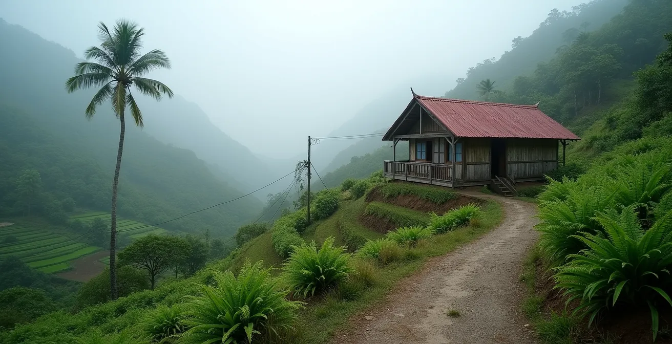 Vue atmosphérique d'une table d'hôte isolée dans les hauteurs brumeuses de Grand Coude