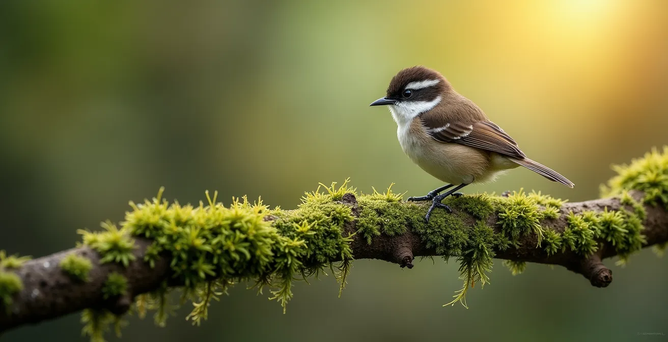 Tec-Tec mâle perché sur une branche moussue de Tamarin des Hauts avec lichens épiphytes