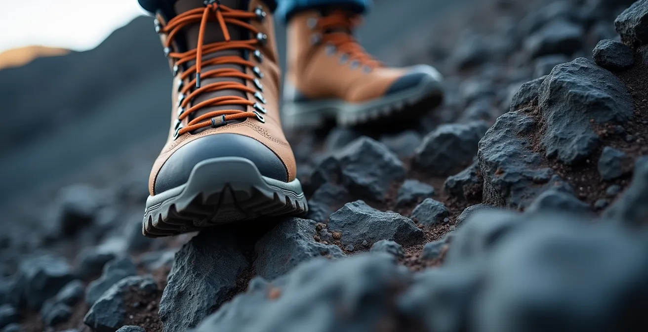 Gros plan sur les pieds d'un randonneur descendant des marches de basalte avec technique appropriée