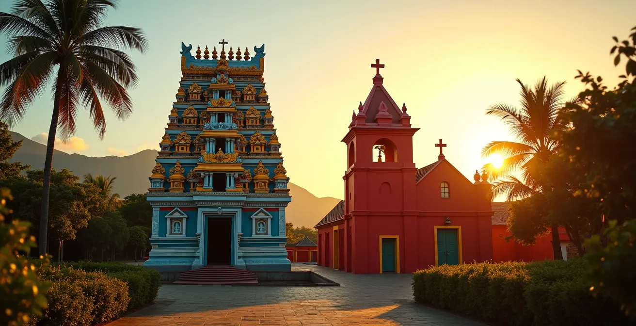 Vue architecturale montrant un temple tamoul coloré et une chapelle rouge côte à côte à La Réunion