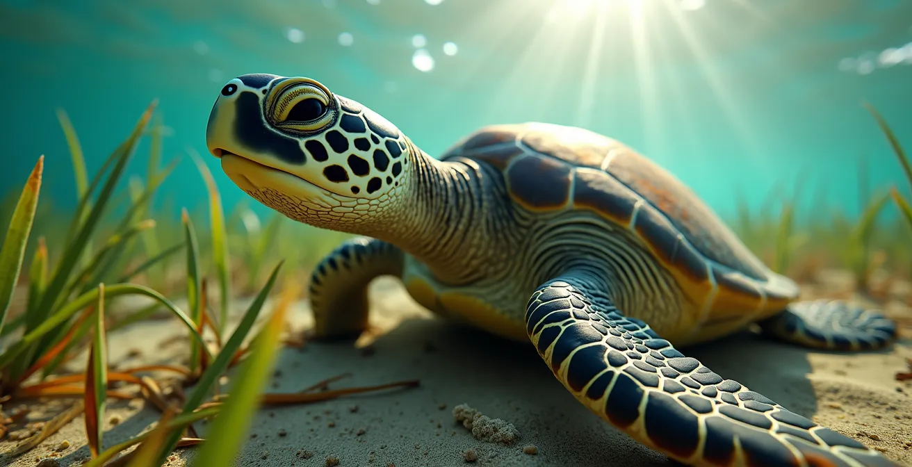 Tortue verte broutant dans l'herbier marin du lagon de l'Hermitage à La Réunion
