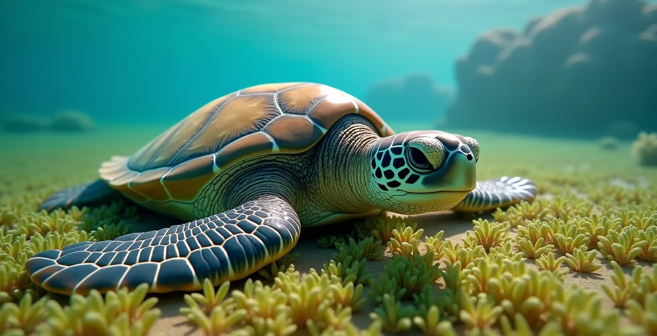 Tortue verte broutant les herbiers marins dans le lagon de l'Hermitage à La Réunion
