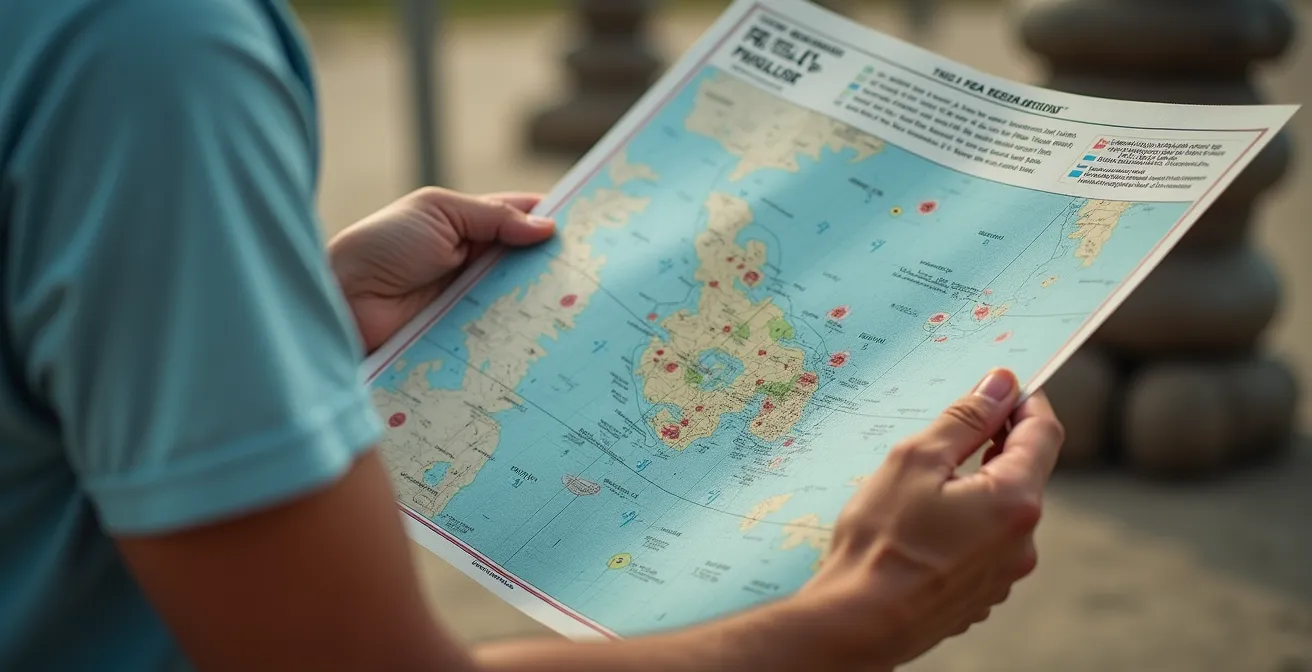 Totem d'entrée de zone de la réserve marine avec pictogrammes indiquant les activités autorisées et interdites