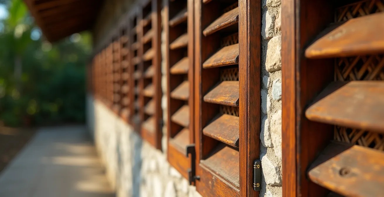 Détail architectural d'une varangue créole avec persiennes et lambrequins