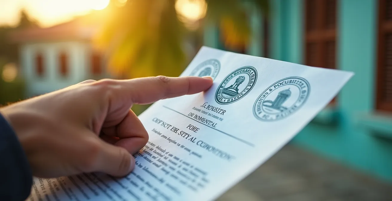 Main pointant vers un document officiel avec tampon de mairie, palmiers flous en arrière-plan