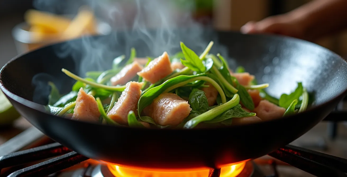 Gros plan sur un wok avec des brèdes chouchou et du boucané en train de sauter